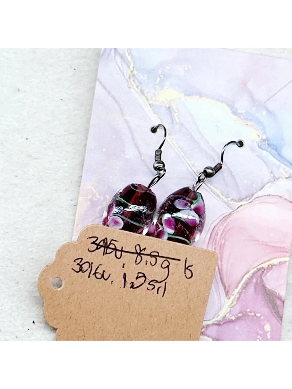 3016u. Purple Flower Earrings Glass